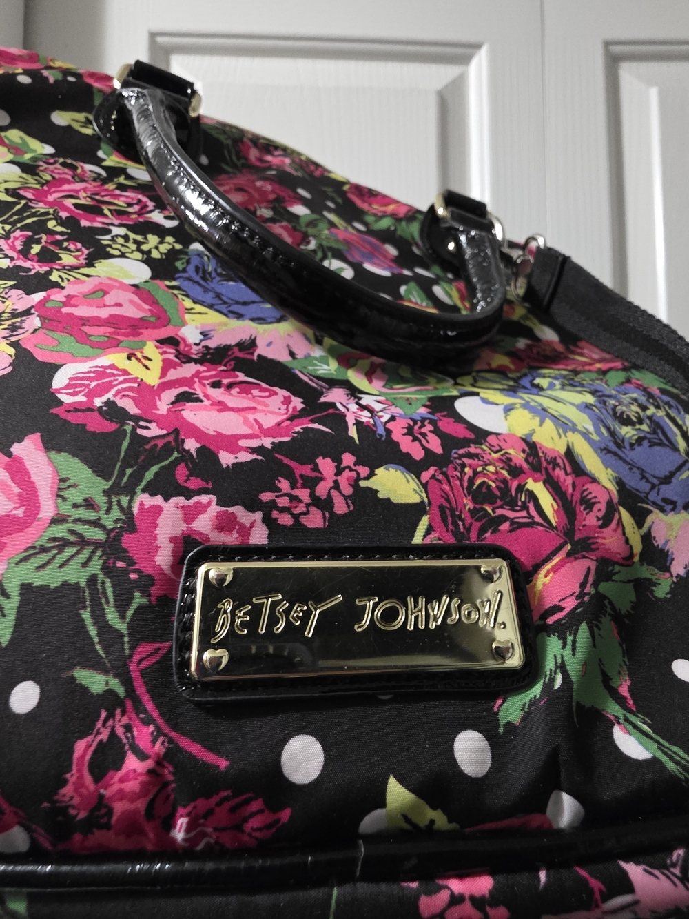 Betsey Johnson Black Floral and Polka Dot Laptop Bag with Pink and Green Accents